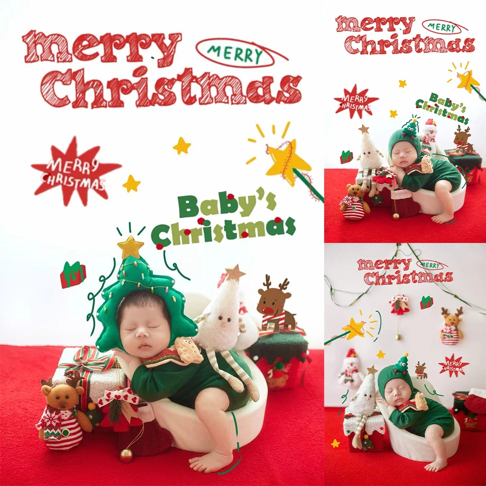 Green Christmas Theme 0-1 Month Baby Photography Props Kit Baby Costume Xmas Tree Headband Photo Studio Festive Shoot Accessorie