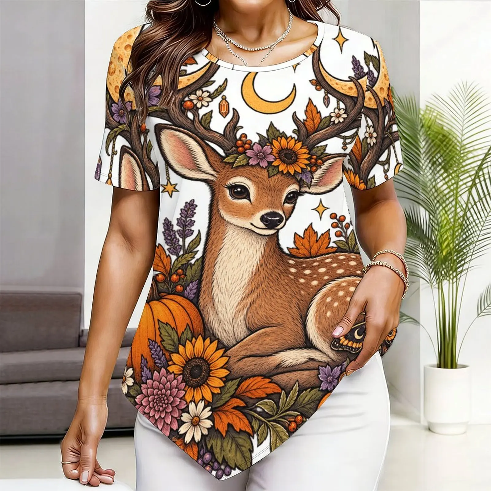 Women Round Neck Short Sleeve Pointed Hem Printed Top