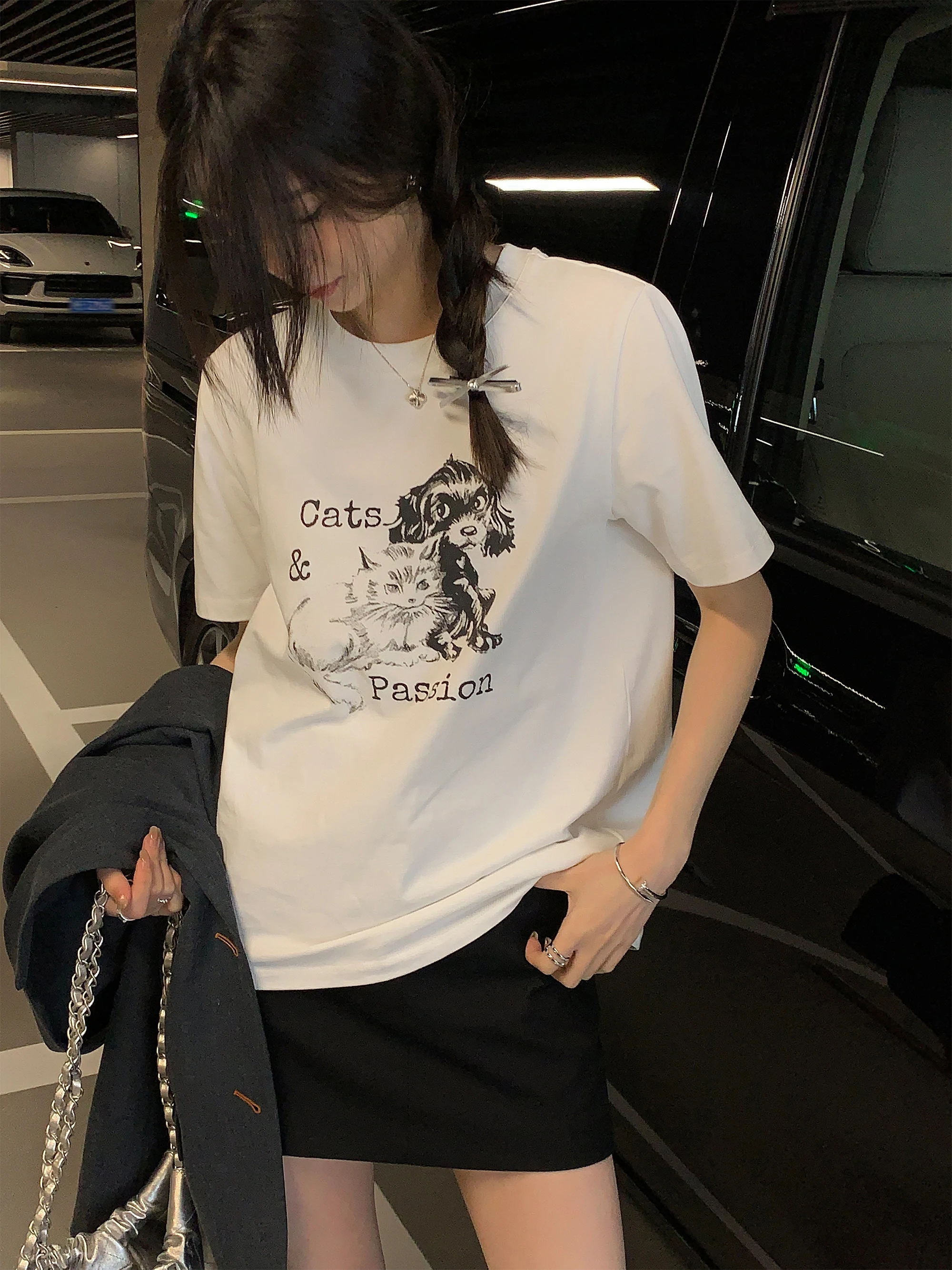 

A Women's ort Sve T-irt Pure Cotton Plain Weave Double Cloth Cartoon Print Loose Fit White Retro Spring Summer Top