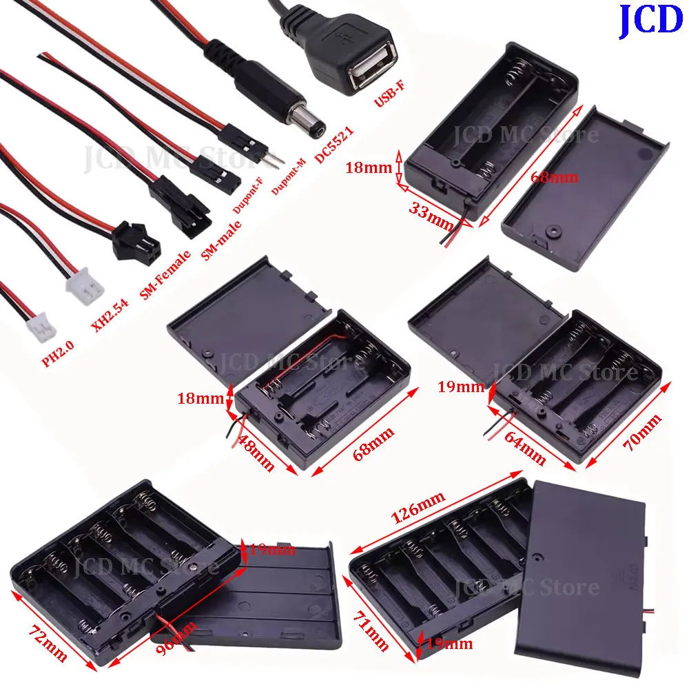 

AA Battery Holder Storage Case Box PH2.0/XH2.54/SM/DuPont /DC/USB Plug With Switch & Cover for AA 18650 9V Batteries Storage Box