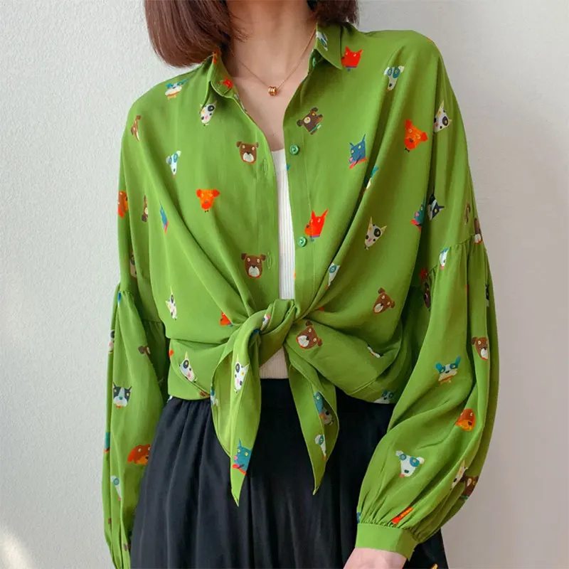 Women Silk Shirt 100% Mulberry Silk Crepe Silk Green Cartoon Printed Collared Buttons Down Lantern Long Sleeve Top Blouse MM689