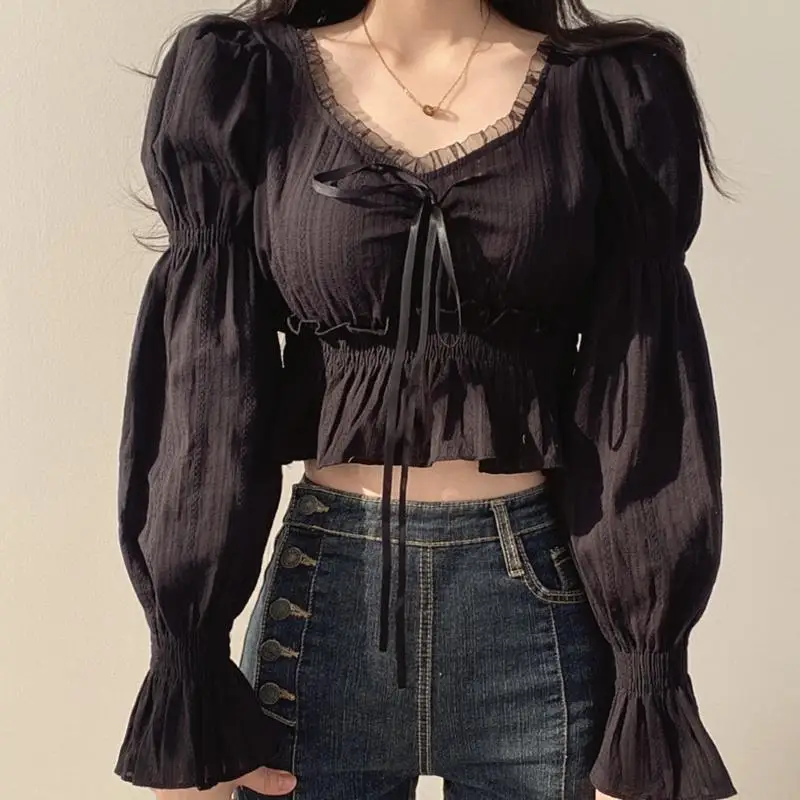 Lace Shirts and Blouses Korea Square Collar Puff Long Sleeve Top Women 2024 Autumn Fashion Blouse Ruffles Solid Ladies Clothes