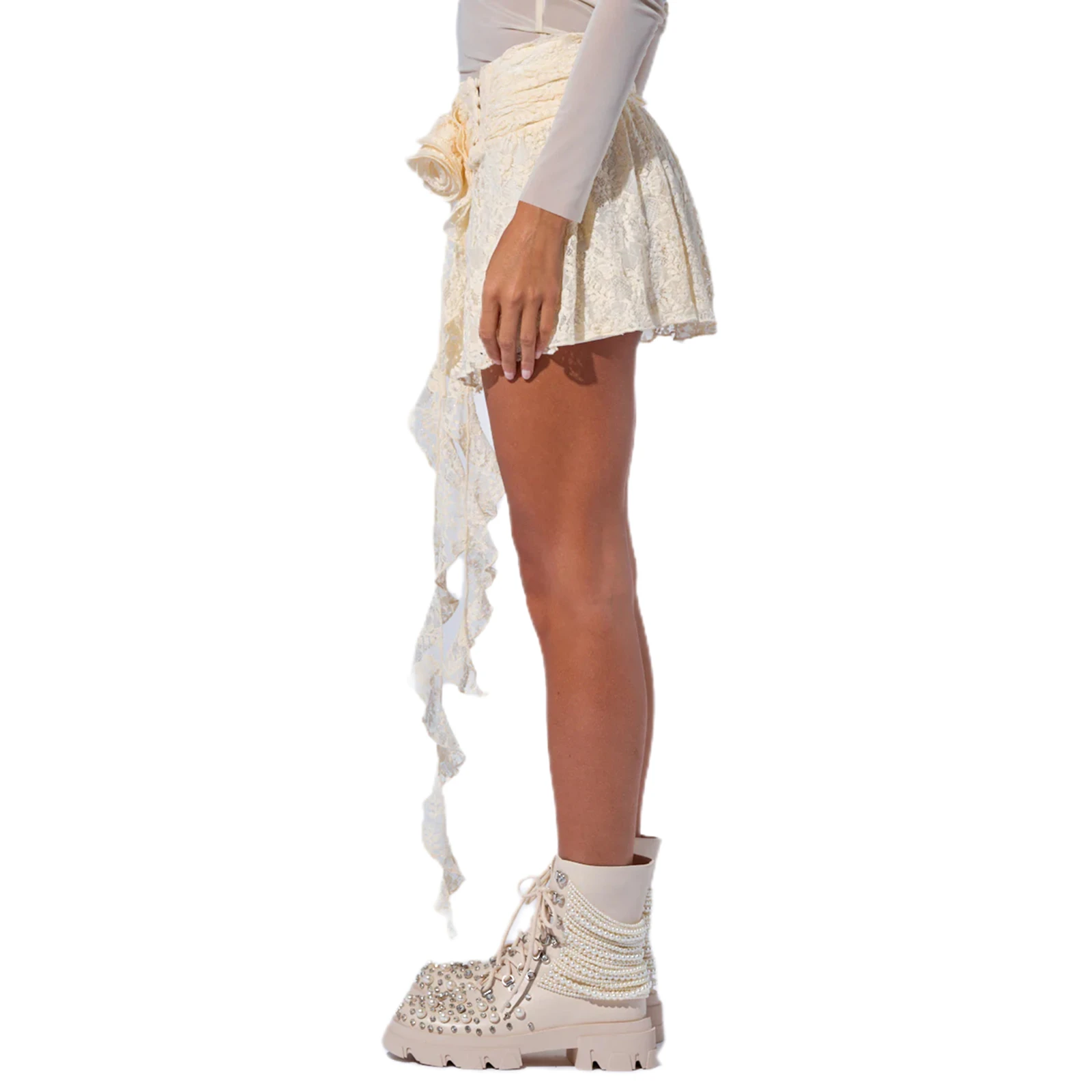 女性の夏のタッセルスカートボタンウエスト花レースミニスカートビーチ休暇パーティー日常着アウトドアアクティビティストリート