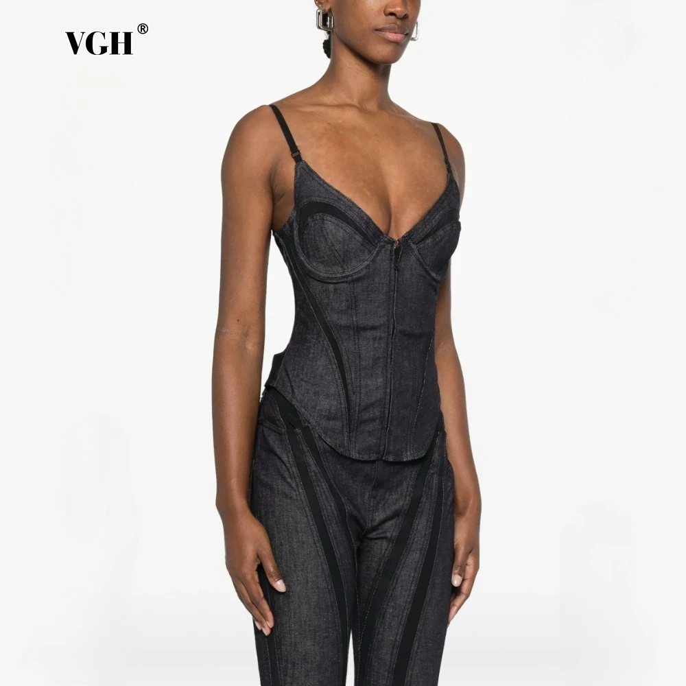 

VGH American Retro Spliced Zipper Slimming Denim Vest for Women V Neck Sleeveless Backless Sexy Temperament Camisole Female New