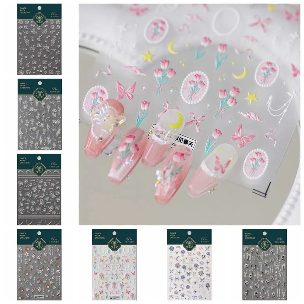 Chinese Stijl Rozenbloem Nagelstickers Nagelbenodigdheden Perzikbloesem Bloem Nagelaccessoires Tulp Franse Stijl Witte Lijnen