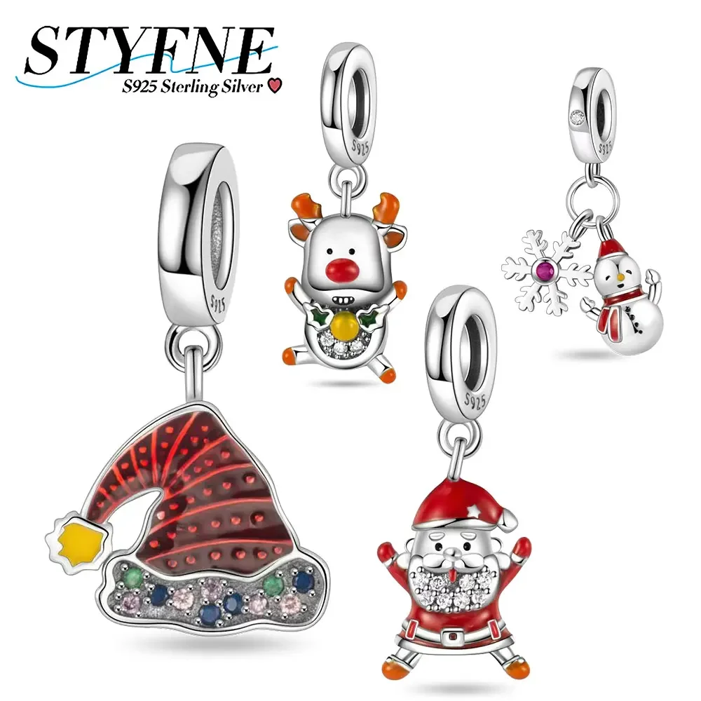 Original 925er Sterlingsilber, süßer Elch, Weihnachtsmütze, Schneeflocke, Charm, Perlen, passend für Armbänder, DIY-Schmuck, Weihnachtsserie, Geschenk