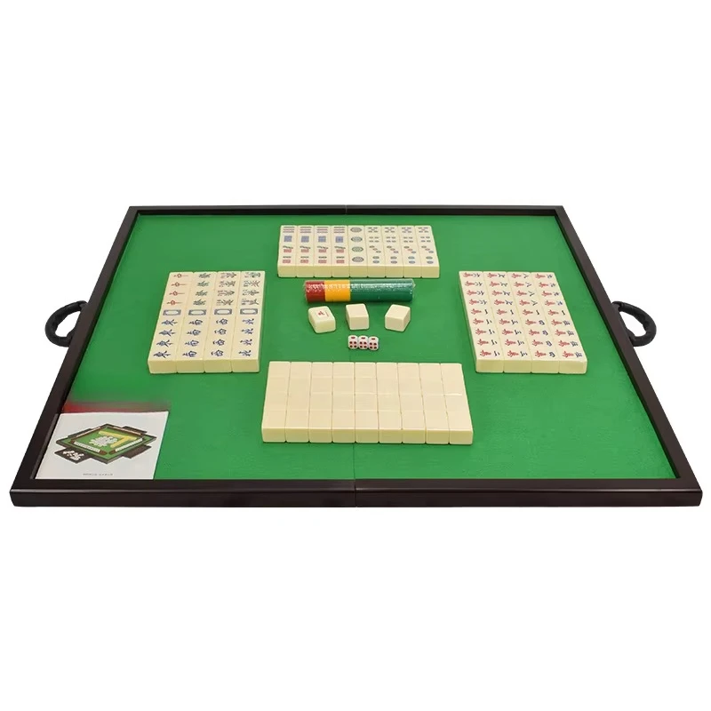 Multi functional solid wood folding mahjong table, suitable for home use. Comes with a set of mahjong tiles and dice.
