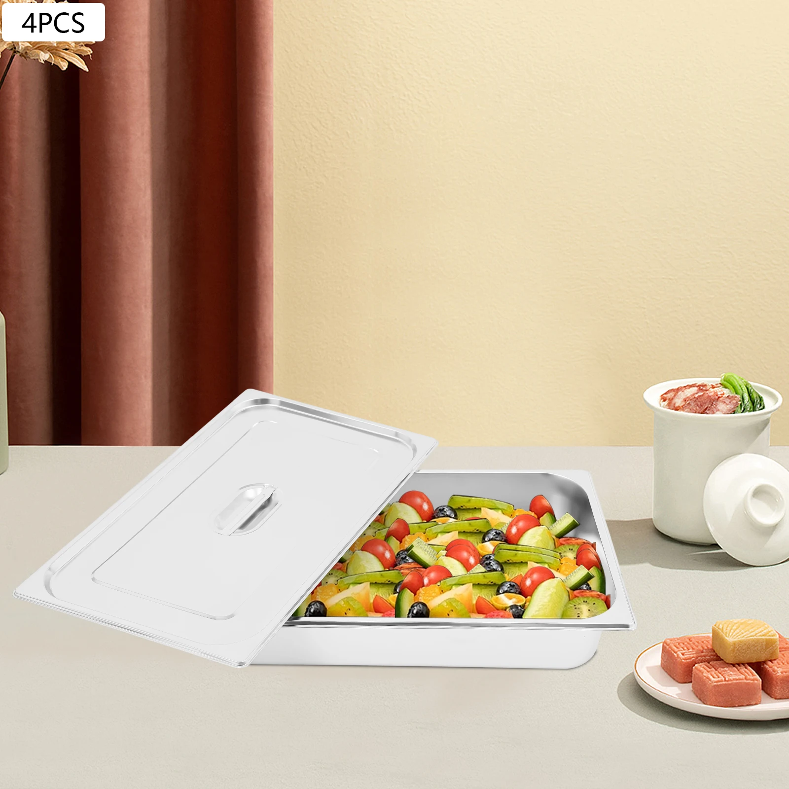 

Pack of 4Pcs Food Pans, 1.98 Gal Stainless Steel Steam Table Pan with Lid, 32.5x26.5x10cm, Silver, for Restaurant, Hotel, Buffet