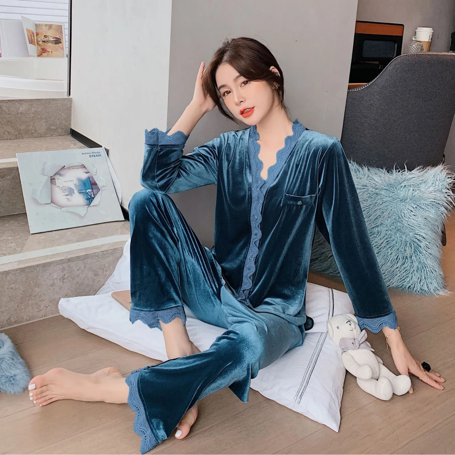 

Blue Long Sleeve Pants Floral Print Woman Satin Pajama Sets Ensembles 2 Piece Two-Piece Lady Outfit Lounge Women Pijama Pj