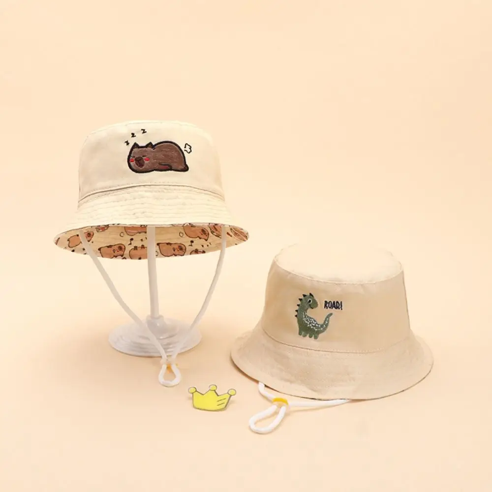 Moda Cartoon Dinosauro Bambini Cappello da pescatore Ricamo Protezione solare Cappello a secchiello Antivento a tesa larga Capybara per bambini Berretto da sole Ragazza