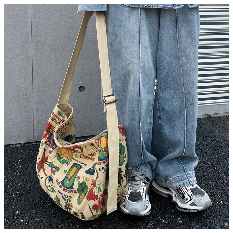 Unisex Vintage Canvas Fabric Shoulder Bag Teenager High Street Retro Casual Slouchy Bag Female Big Capacity Hippy Crossbody Bag