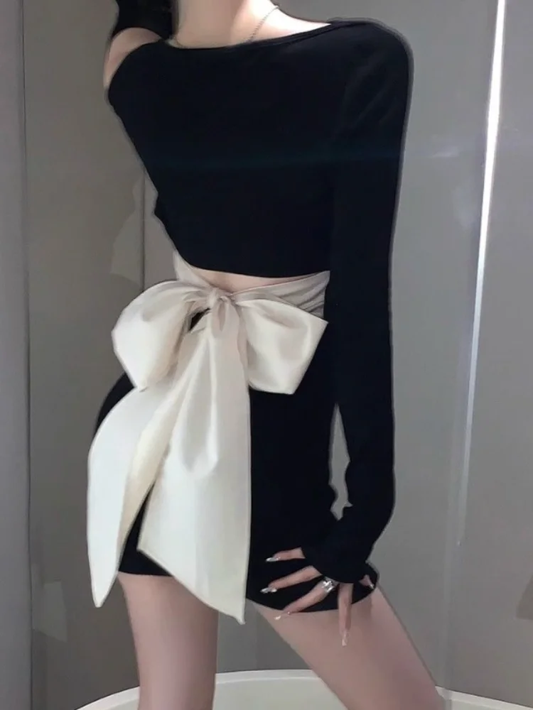 Off Shoulder Woman Long Sleeve Dress Black Short Bow Birthday Mini Dresses for Women Autumn and Winter New in Elegant Beautiful