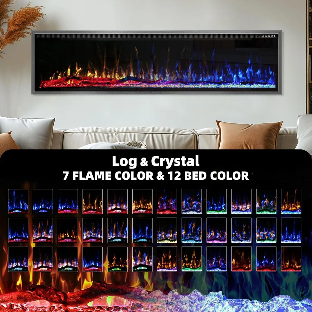 72 inch Electric Fireplace Inserts/Wall Mounted, Log & Crystal Option, Ultra Narrow Frame Fireplace-Wall Fireplace Electric