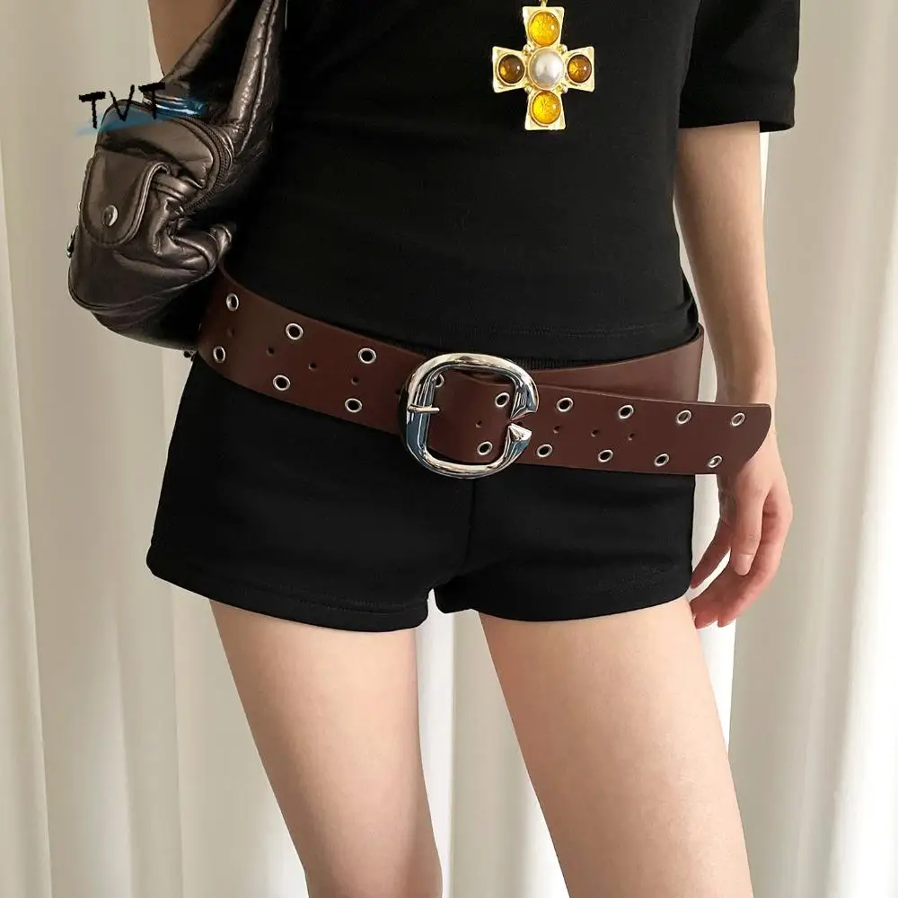 

Adjustable Double-Row Hole Women Wide Belt Metal Buckle Vintage Leather Waistband All Match Jeans Girdle Cool Style Belt Women