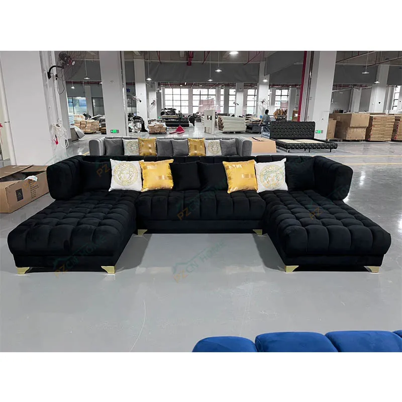 # New High Quality Black Velvet Up-holstered Living Room Sofa Furniture Set Large Size U Shaped Corner Sofa for Sale
