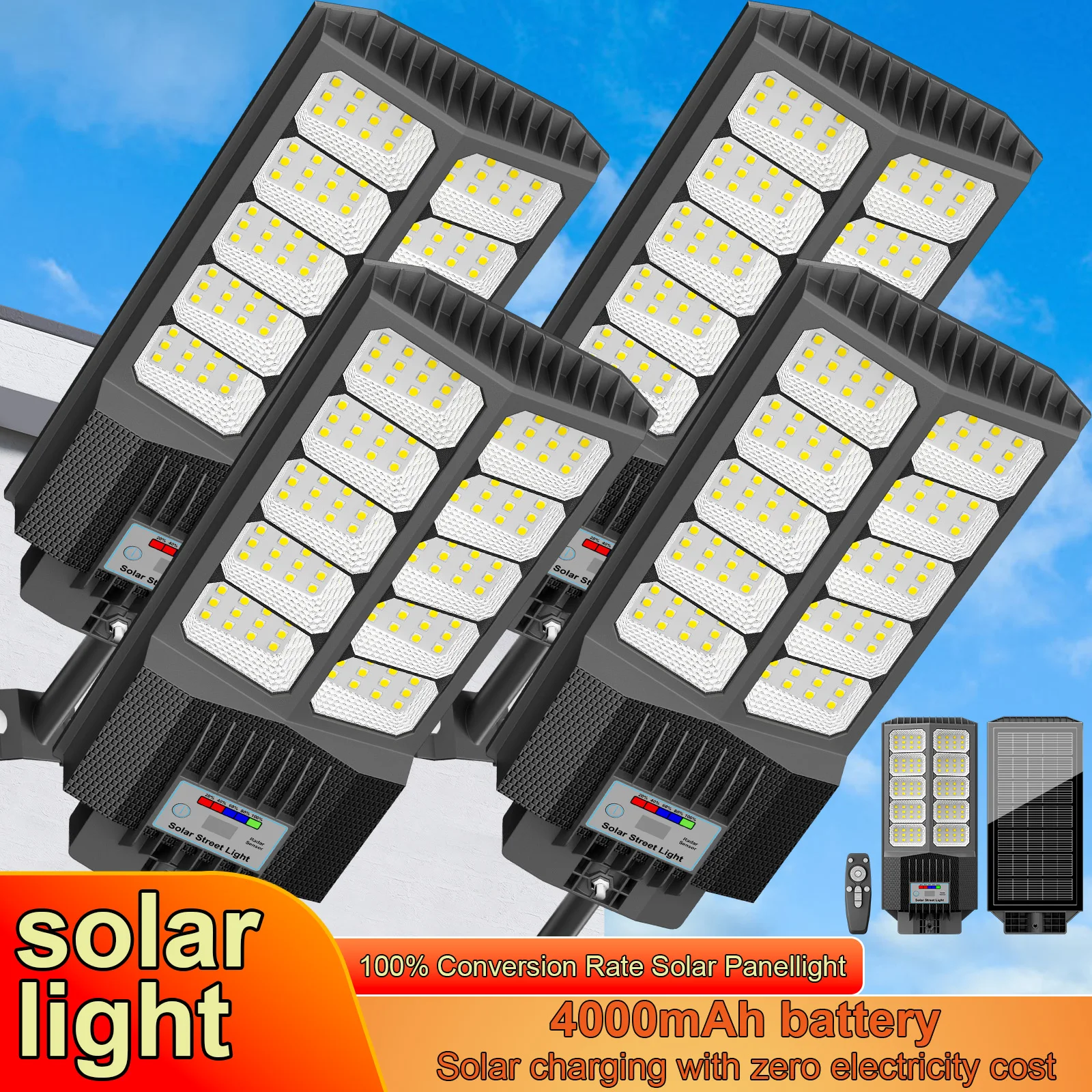 4-Pack Solar LED Street Lights, Motion Sensor & Remote Control, Dusk to Dawn Auto Light Control with 3 Adjustable Brightness Modes, IP65 Waterproof Outdoor Lamp, Ideal for Yard, Patio, Garage, Basketball Court, Walkway, Parking Lot and Street Lighting
