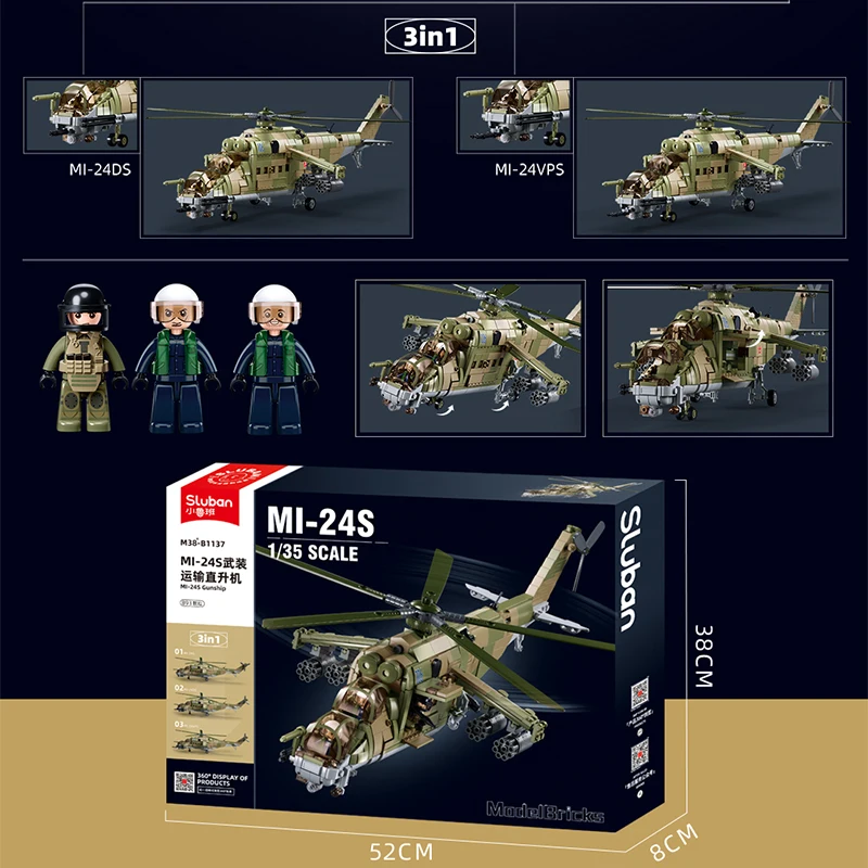 2024 Sluban WW2 Military Russia Air Weapon Mi-24 Attack Helicopters Hind Model Building Blocks Classics Fighter Bricks Plane Toy