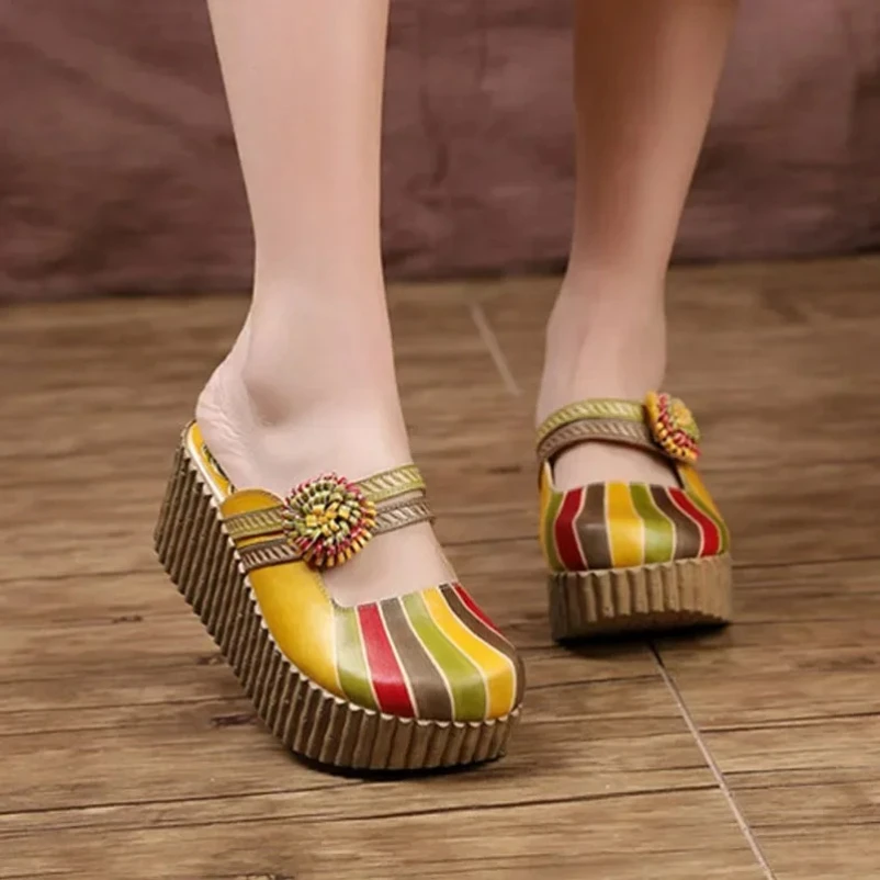 

2025 Summer Slippers Round Toe Genuine Leather Slippers Thick Bottom Sandals Woman Shoes Ethnic Flowers Slides Muffins