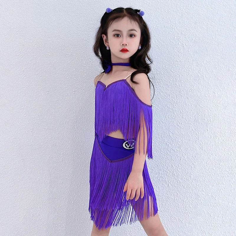 Spaghetti sangle danse latine enfants filles danse professionnelle pratique Performance gland haut et jupe costumes compétition Dancewear