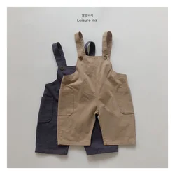 Autumn Korean 2024 Toddler Baby Boys Overalls Cotton Solid Pocket Kids Boys Suspender Pants All-matched Loose Child Boys Pants