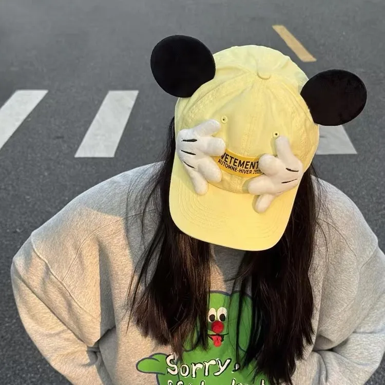 Gorra de béisbol de Mickey de dibujos animados de Disney, gorra de béisbol con orejas grandes y protección solar de palma bonita