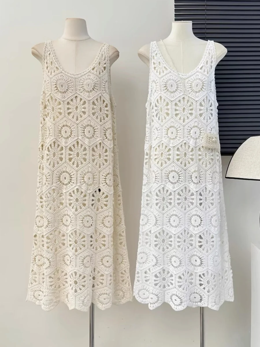 Vestido Vintage de Verão para Mulheres, Camadas em Estilo Floresta, Saia Longa em Tricô Oco, Sem Mangas, Vestido F de ...