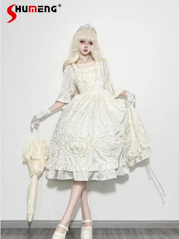 

Original Japanese Elegant Court Style Princess Dresses Round Neck Flare Sleeve Lace Ruffled High Waist Lolita Puffy Dress Women