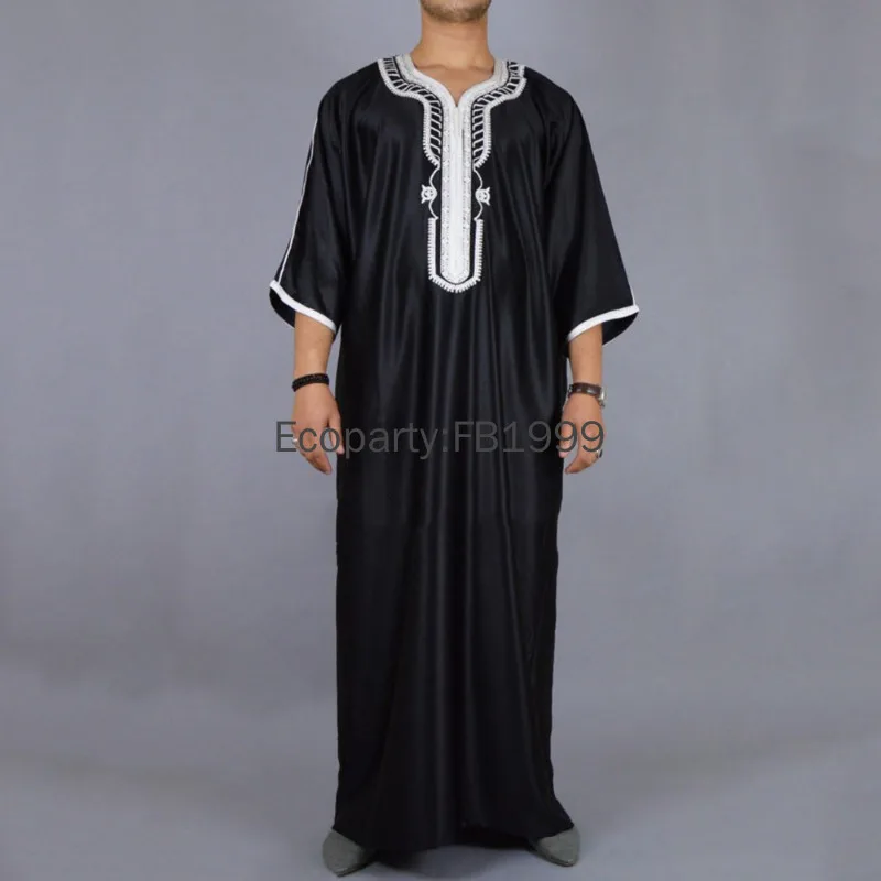 New Men's Moroccan Style Muslim Long Robe Summer Black White Elegant Embroidery Arab Ethnic Jubah Male Casual Islamic Clothing