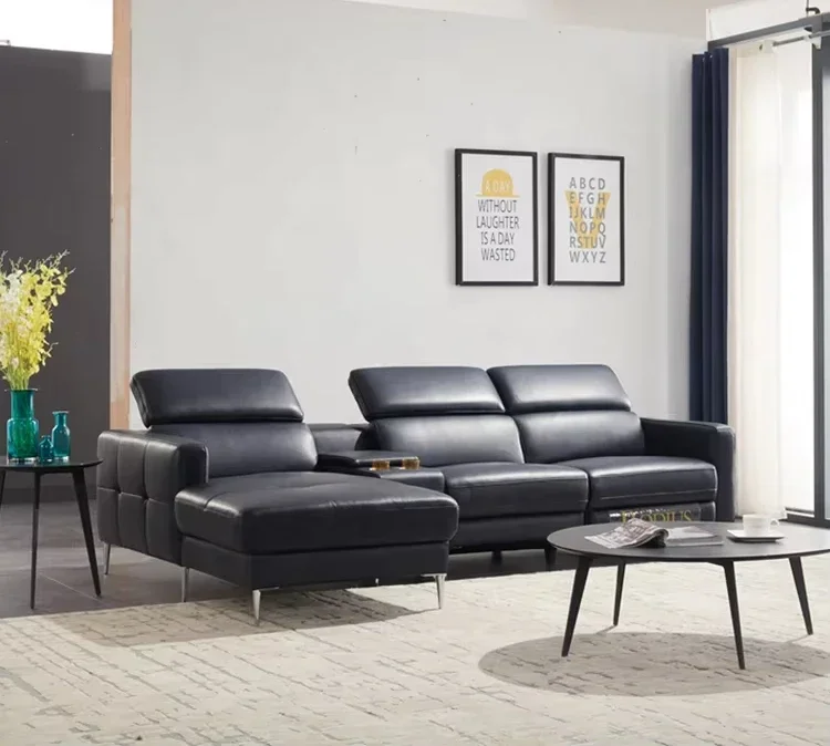 

A A Italian Black Genuine Leather Recliner Sofa Sets for Home Living Room