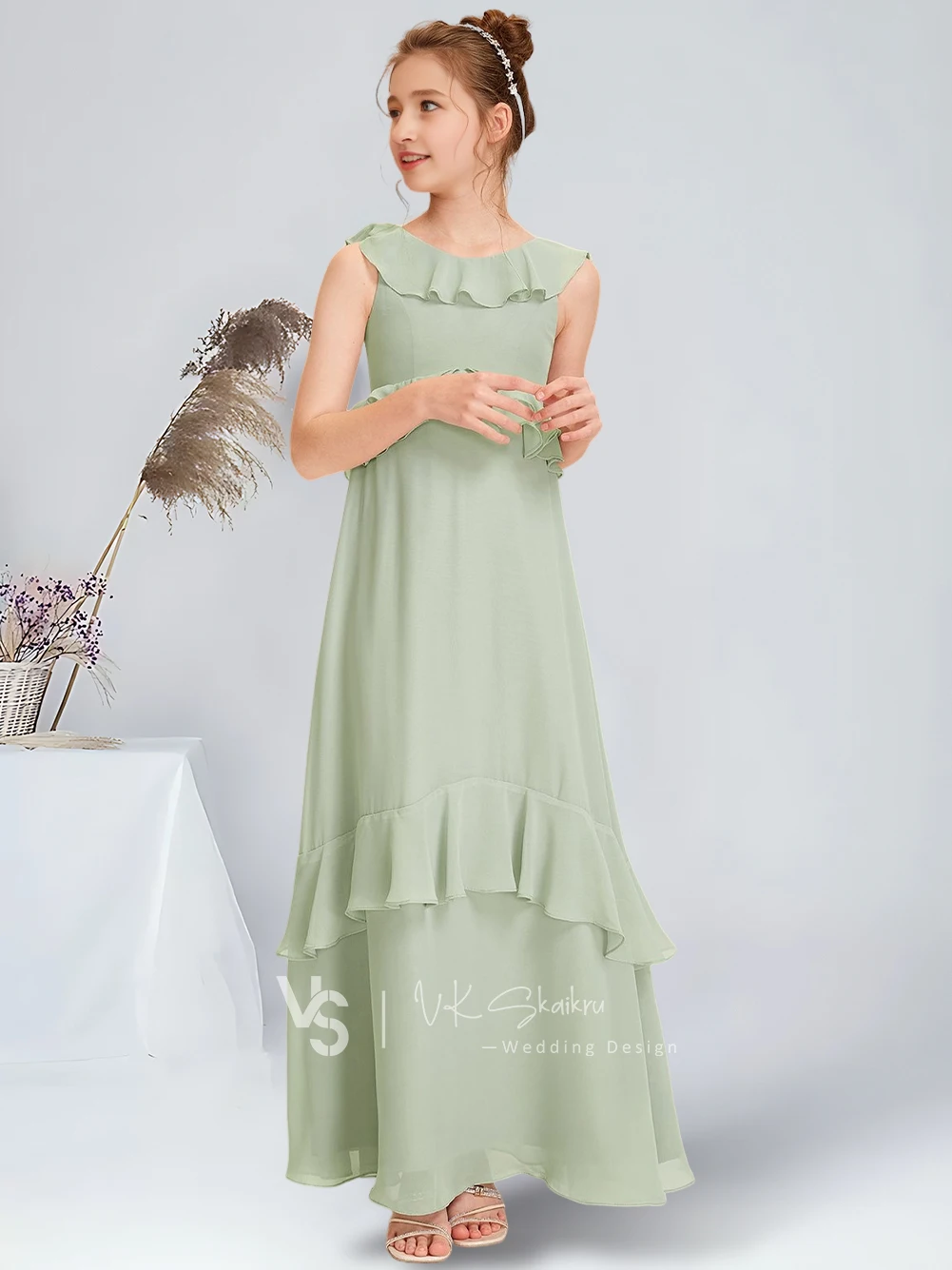 A-line Scoop Floor-Length Chiffon Junior Bridesmaid Dress With Cascading Ruffles Celadon Flower Girl Dress for Wedding Party