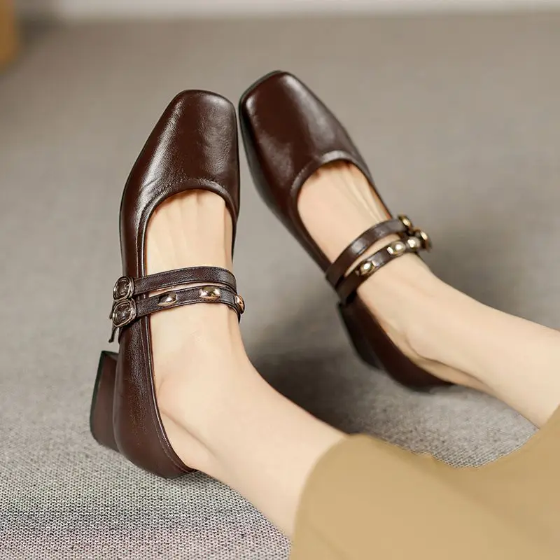 Girseaby Retro Women Pumps Square Toe Double Buckle Strap 3.5cm Chunky Heel Size 40 41 42 43 Office Lady Mary Janes Shoes Summer