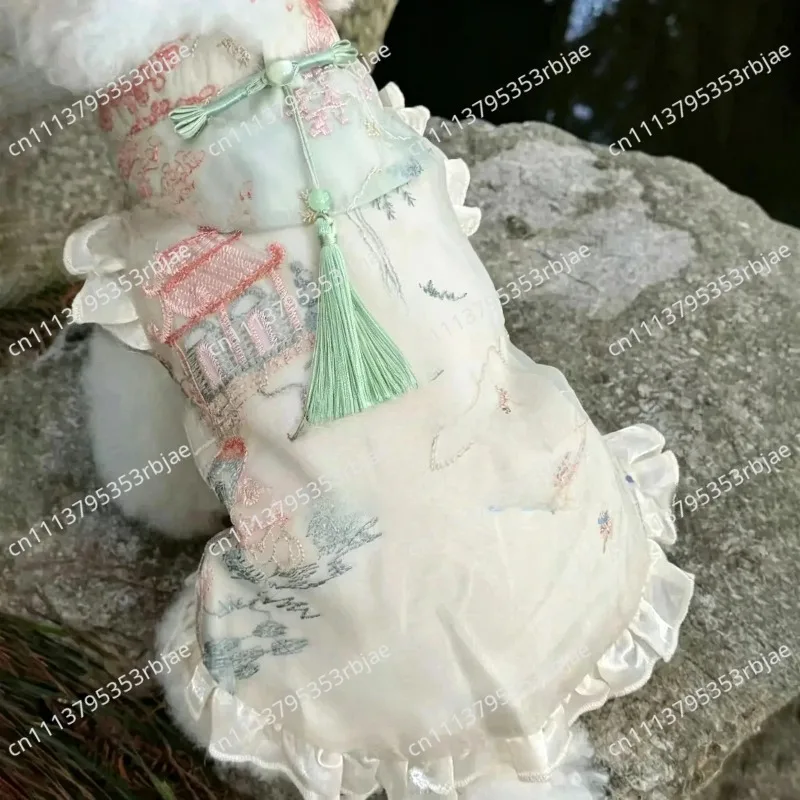 For Dog cat spring and summer new Chinese sleeveless disc buckle satin national style skirt pony dog clothes thin