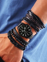 Casual fashion Rhinestone Men's leather quartz Watch with leather beaded bracelet Necklace Set Selected gift set