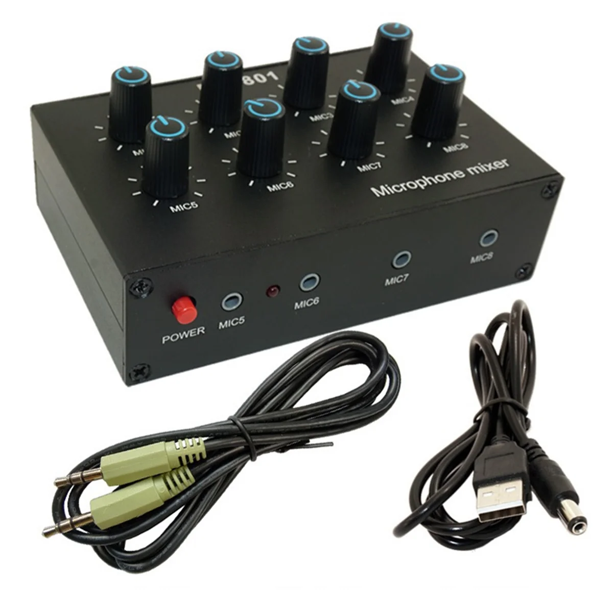 2025 + -801 Condenser Microphone Expander 8 Channel 3.5mm Microphone Mixer Multi-Channel Input Expander Hub