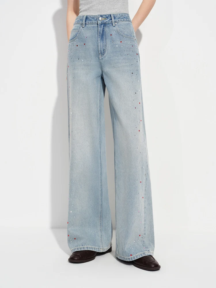 

High Waist Wide Leg Casual Jeans Light Blue Waed Color Diamond Women's Spring Faion New Sle Comfortable Cotton Denim Pants
