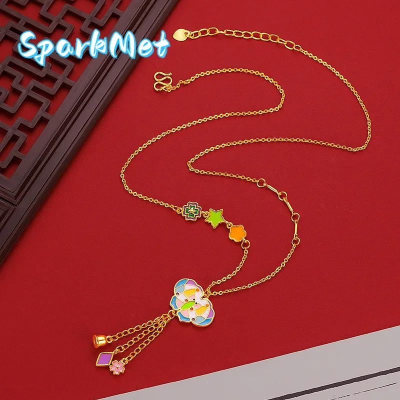 

Sparkmet New Chinese 9999 24K Real Gold Enamel Color Design Creative Butterfly Tassel Set Chain Design Retro Butterfly Necklace