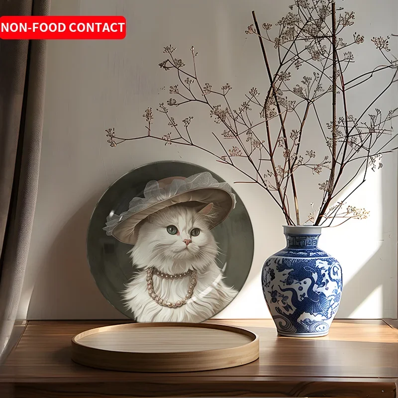 1pc Elegant Cat Ceramic Decorative Plate with Pearl Necklace & Hat Design - Vintage-Inspired Art Deco Round Non-Food Contact