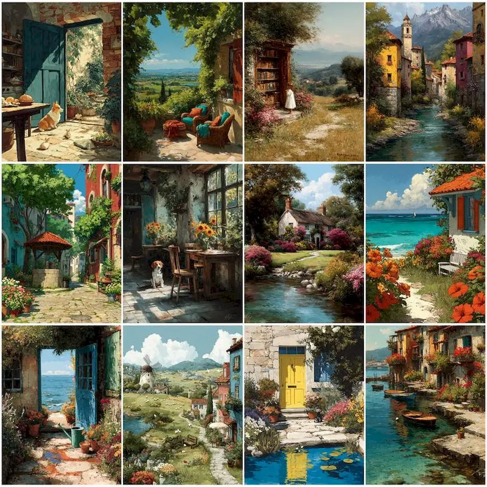 

RUOPOTY Paint By Number Adult Kit Retro village scenery Color Markers Acrylic Paints Picture Drawing Diy Crafts Watercolor Kits