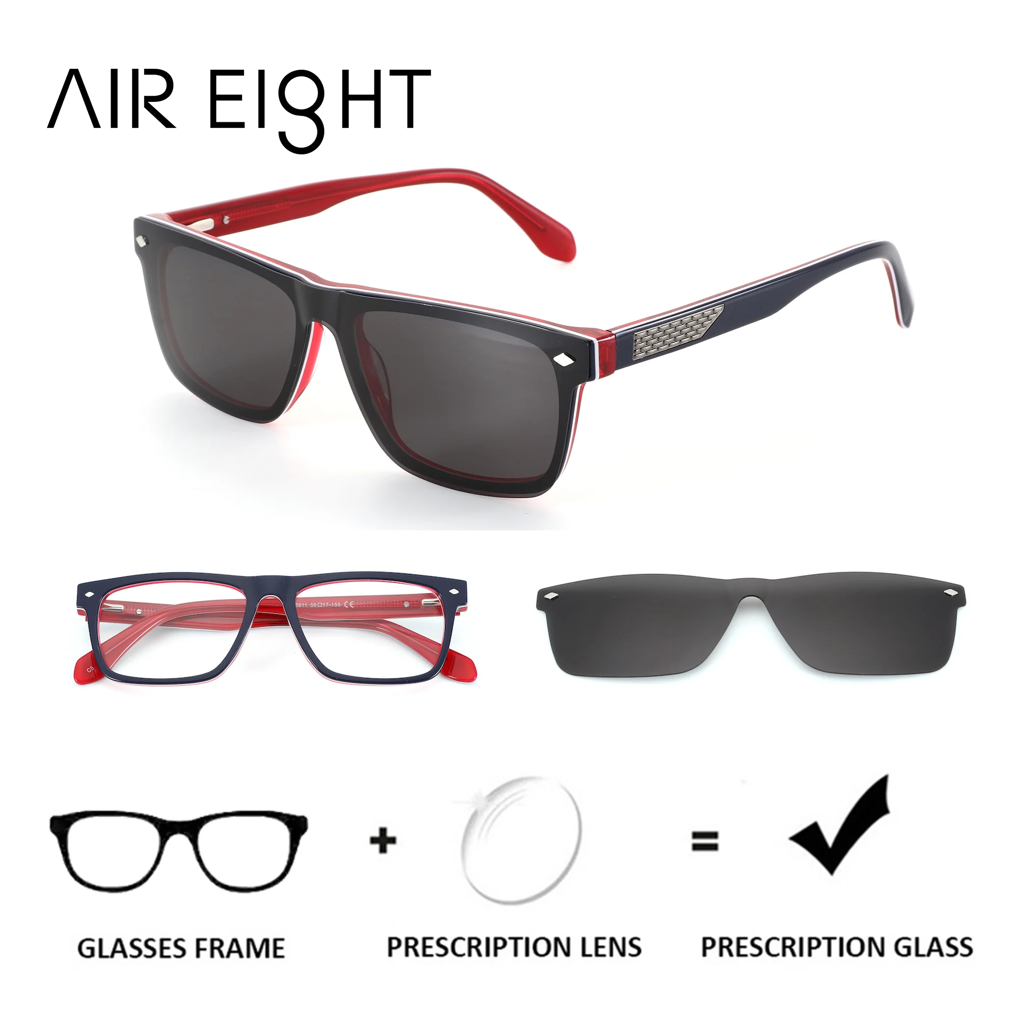 AIREIGHT Square Acetate Clip on Progressive Prescription Glasses For Men Magnetic Photochromic Custom Optical Lenses