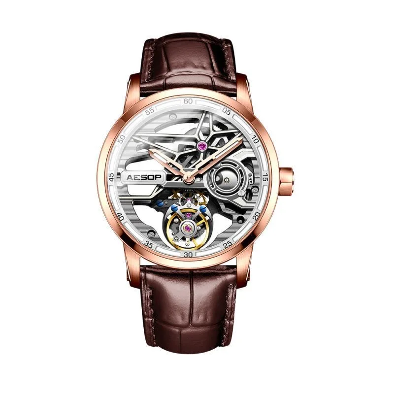 Aesop genuine new hot selling manual circular hollow celestial body real tourbillon watch men's hollow leather watch men