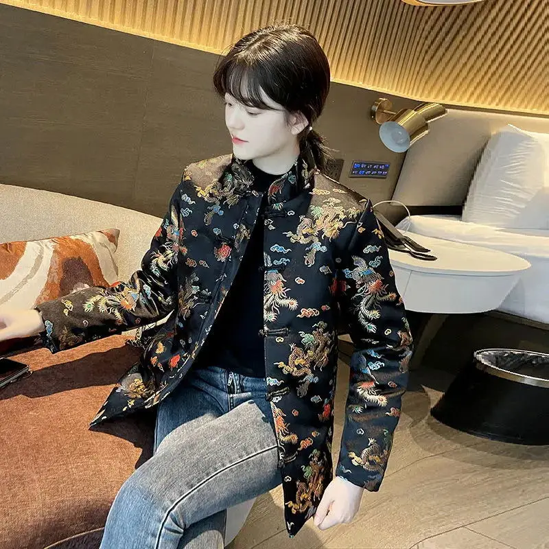 2024 vintage dragon  original modern chinese ancient china silk embroidery dragon and phoenix style autumn and winter coat