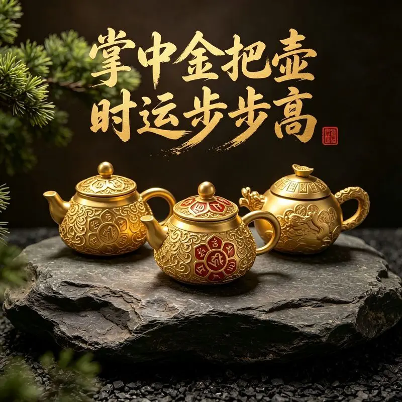 Fortune-Bringing Mini Teapot, Chinese-Style Hand-Held Piece, Mahjong Craft Gift Ornament.