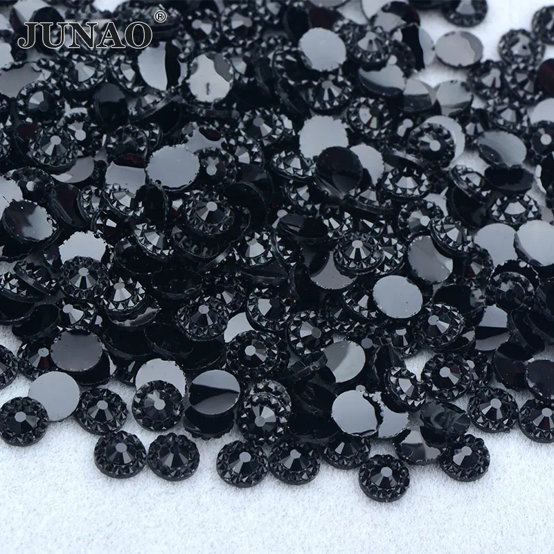 JUNAO 4 5 6mm Jelly Black Flower Nail Rhinestone Flat Back Resin Gems Glitter Stones and Crystals Nail Art Sticker Decoration