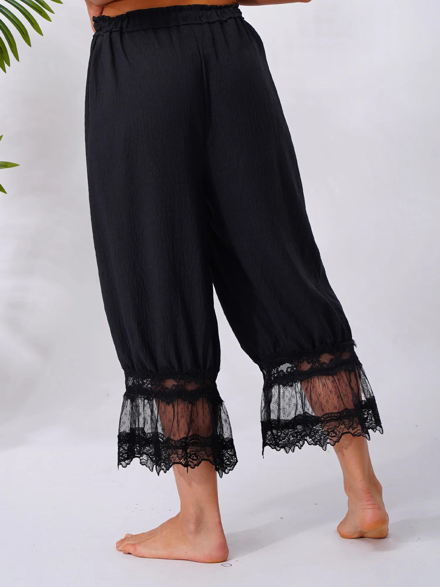 Fashion Women Calf-Length Patchwork Lace Bloomers Loose Fit Pyjama Trousers Cropped Pants Drawstring Home Leisure Wear Clothes