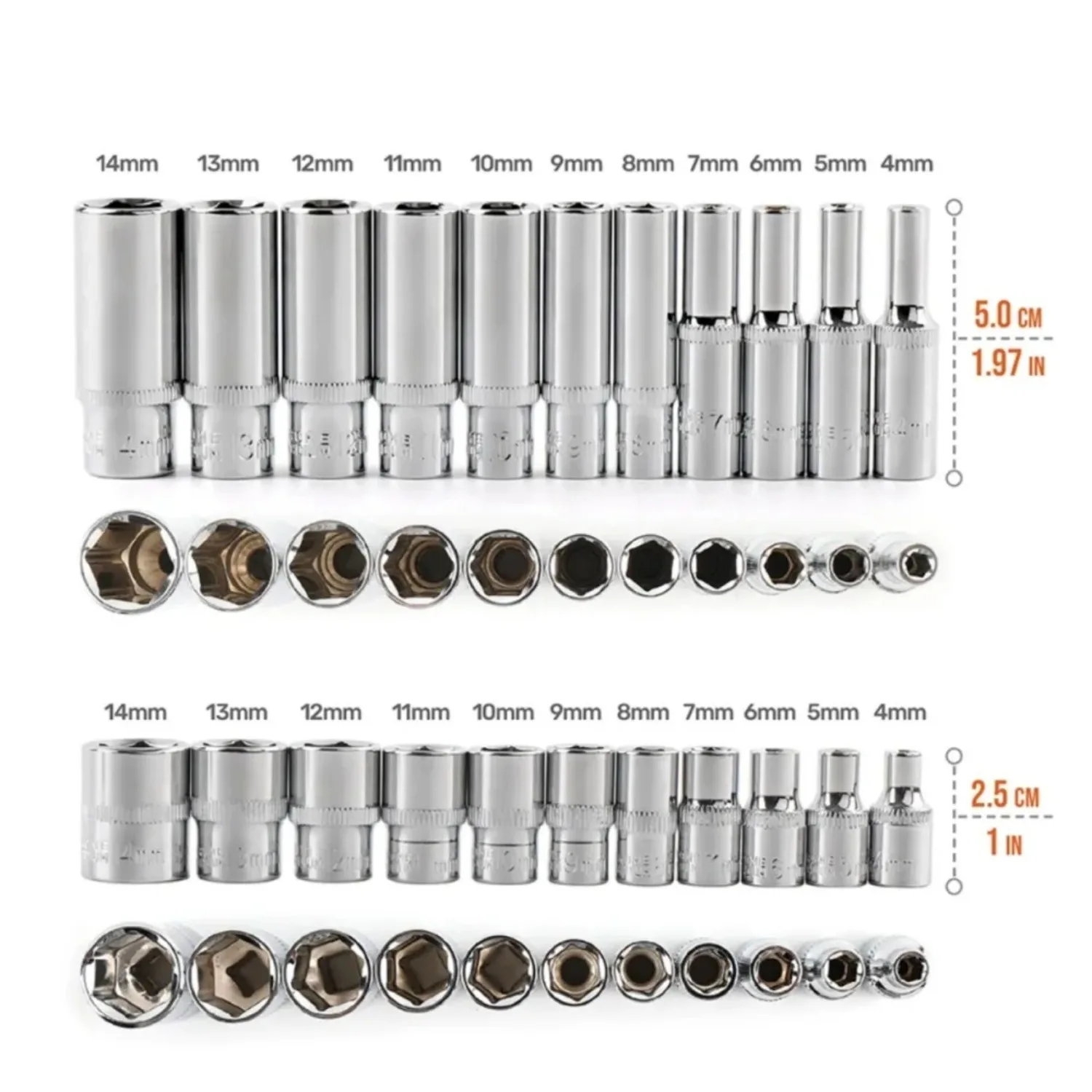 1/4 Interface Long/Short Chrome Vanadium Steel Socket, 4mm-14mm Socket Set, Industrial Grade Socket Wrench Head, Ratchet Tool