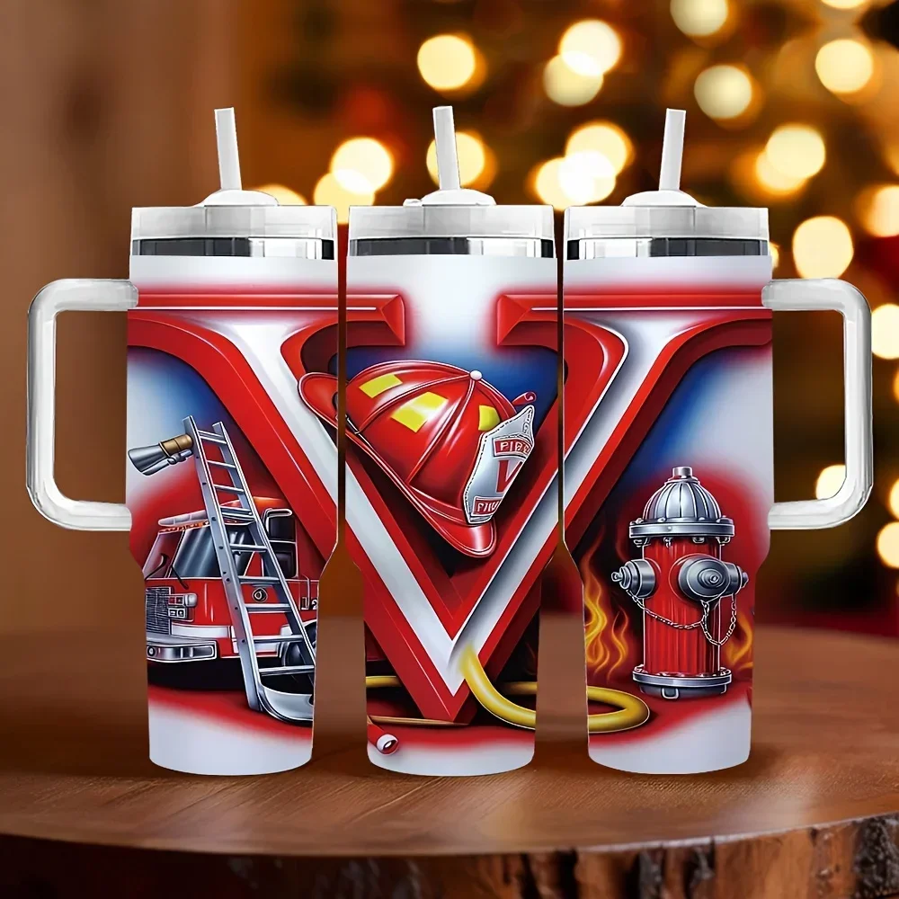 40Oz Long-Lasting Insulated Tumbler with Handle And Straw, Firefighter Themed Print, Perfect As Holiday And Birthday Gift for Firefighting Enthusiasts, Suitable for Daily Use And All Kinds of Outdoor Activities