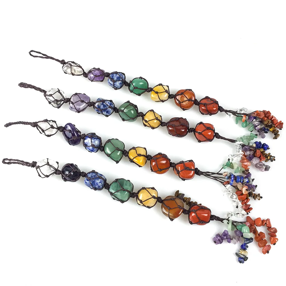 

Natural Stone Seven Chakra Irregular Pendant Car 7 Chakra Hand Woven Pendant Colorful Gravel Crystal Geometric Pendant Charm