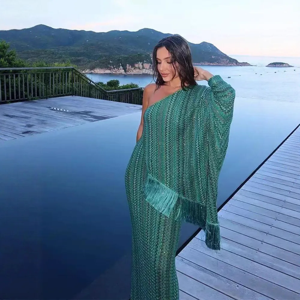 

Stripe Tassel With Scarf Dresses Women Off One Shoulder Single Sleeve V Neck Loose Robes 2026 Spring Summer Party Lady Vestidos