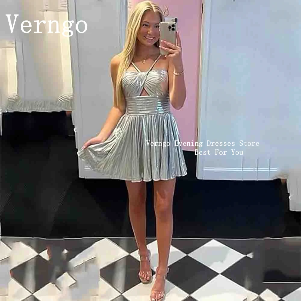 

Verngo Sparkly Metallic Homecoming Dresses Short Teens Spaghetti Straps Party Dress Backless Mini Keyhole Prom Cocktail Gowns