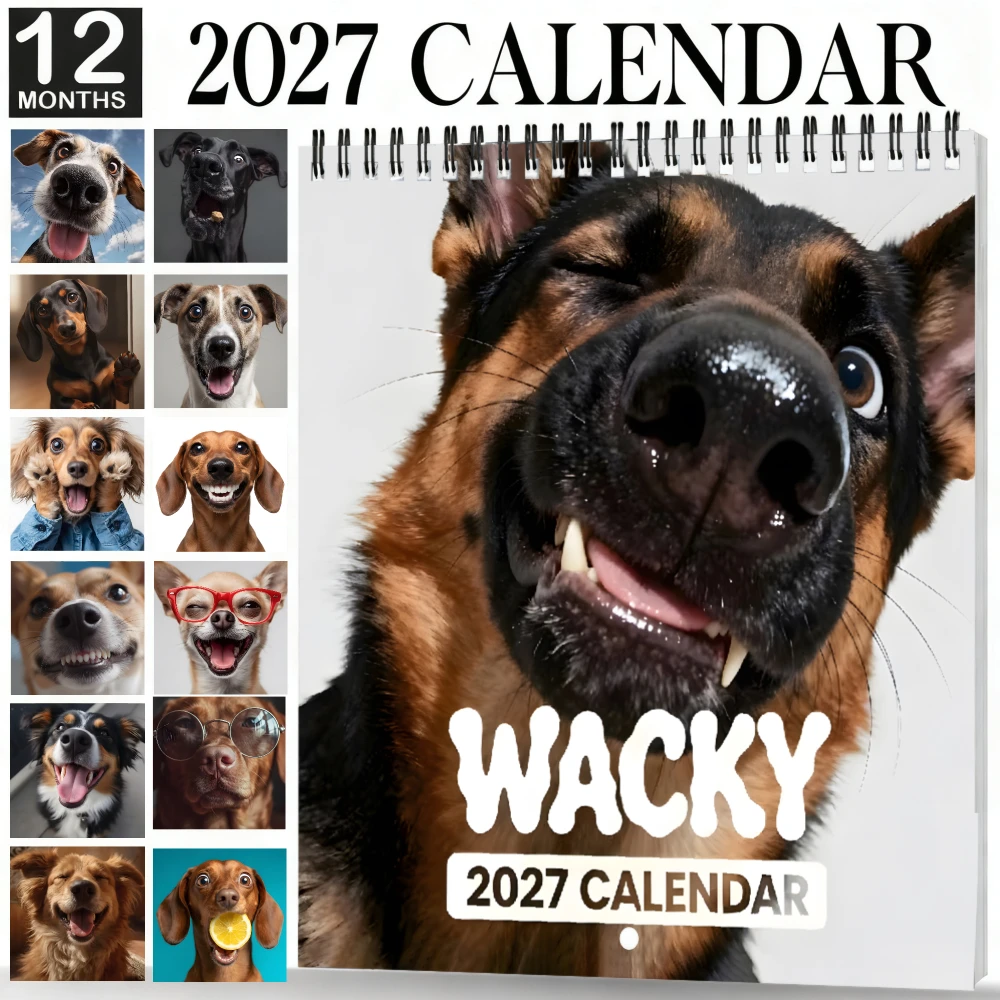 2027Animal Print Hanging Calendar Wacky Dog Pattern 12 Months Coil Bound Large Font Easy Wall Mount Planner Perfect Gift For Pet